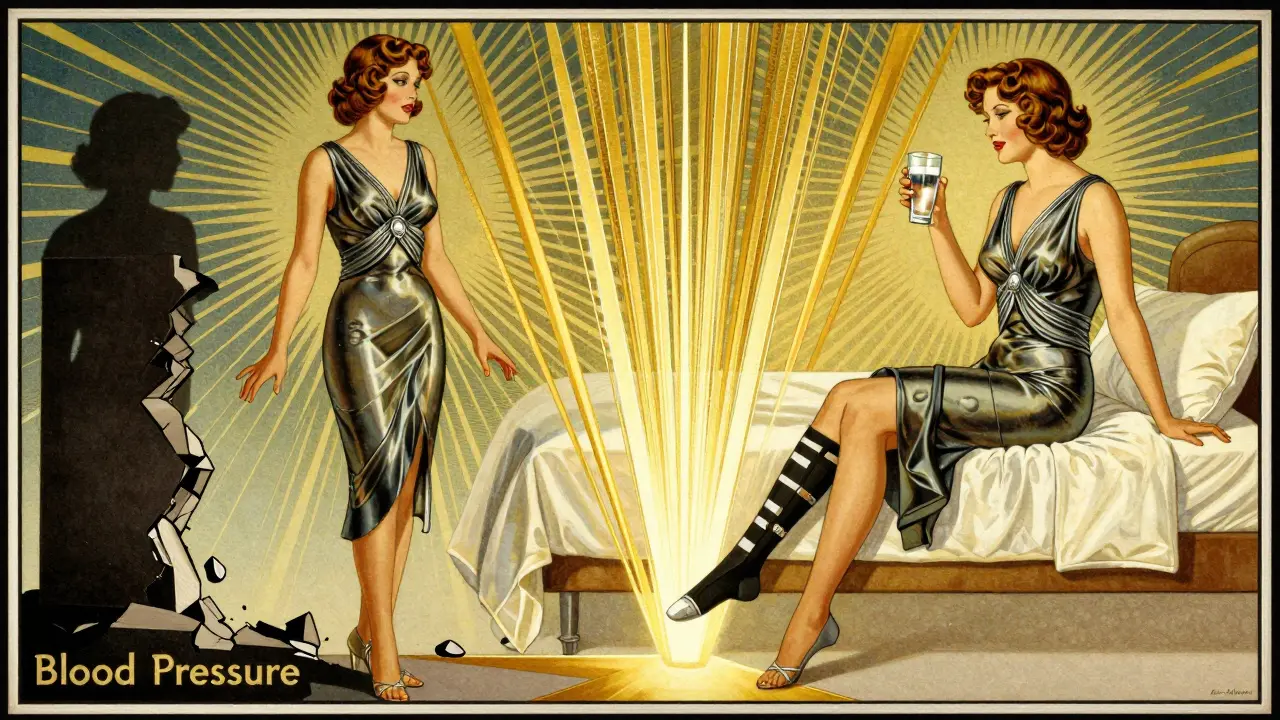 A woman transitioning from falling to safe standing with compression stockings and water, illustrated in Art Deco elegance.