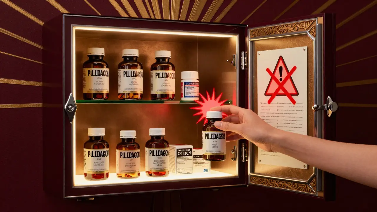 An ornate medicine cabinet displays pill bottles and supplements like luxury goods, with a warning symbol glowing beside an outdated list.