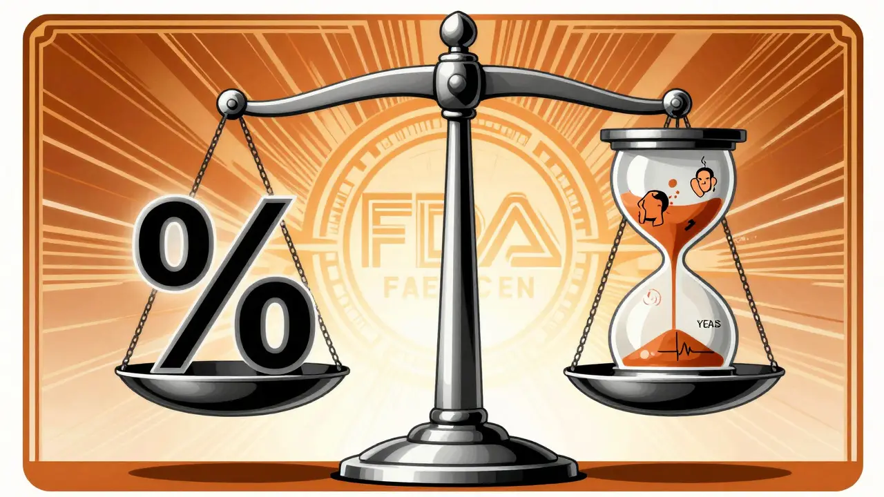 Art Deco scale balancing simple percentage against patient-years with FDA seal in background.