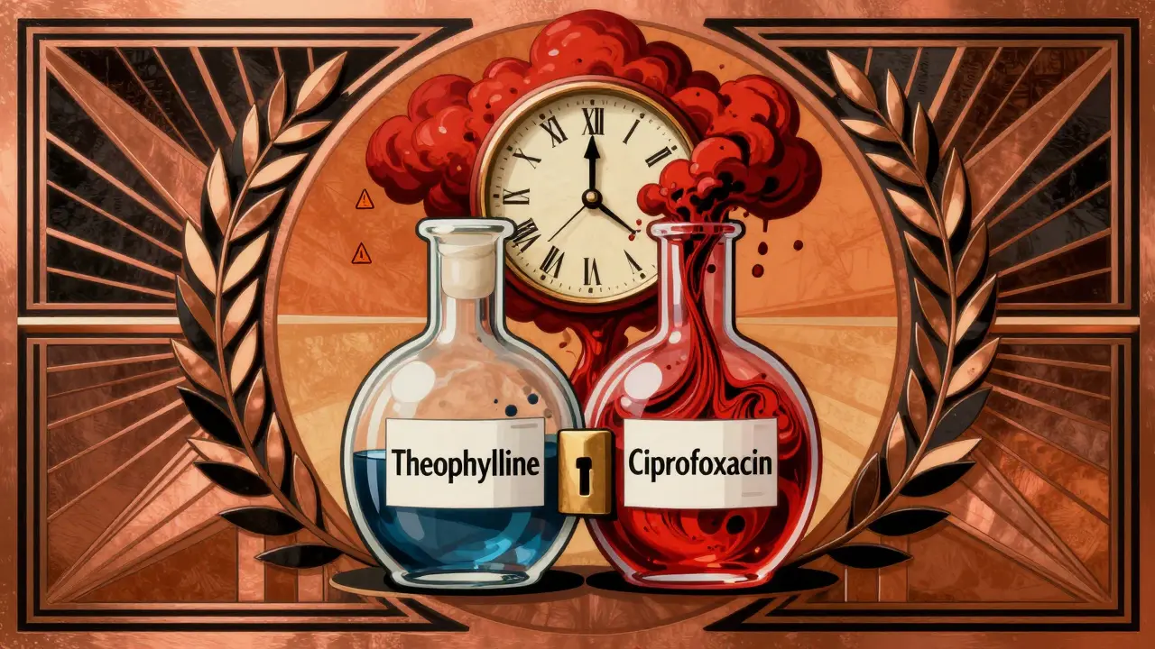 Art Deco-style medical illustration of two flasks merging into a toxic crimson cloud shaped like a warning sign.