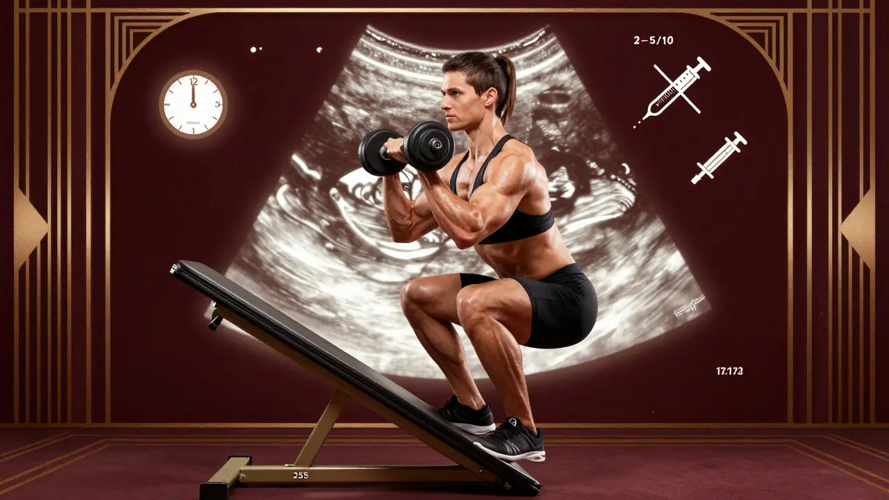 Athlete doing heavy slow resistance squat on decline board, with ultrasound patterns and pain scale icons in Art Deco style.