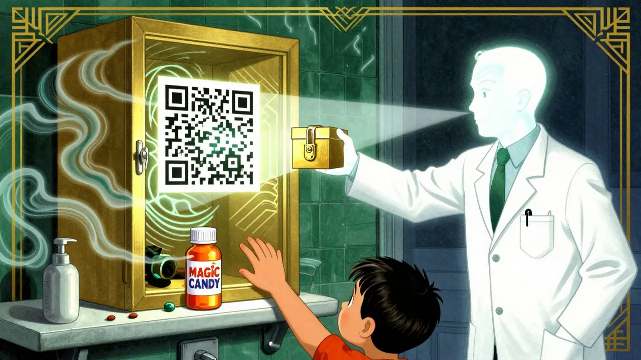 Child reaching for pill bottle as guardian blocks path with locked box and QR code