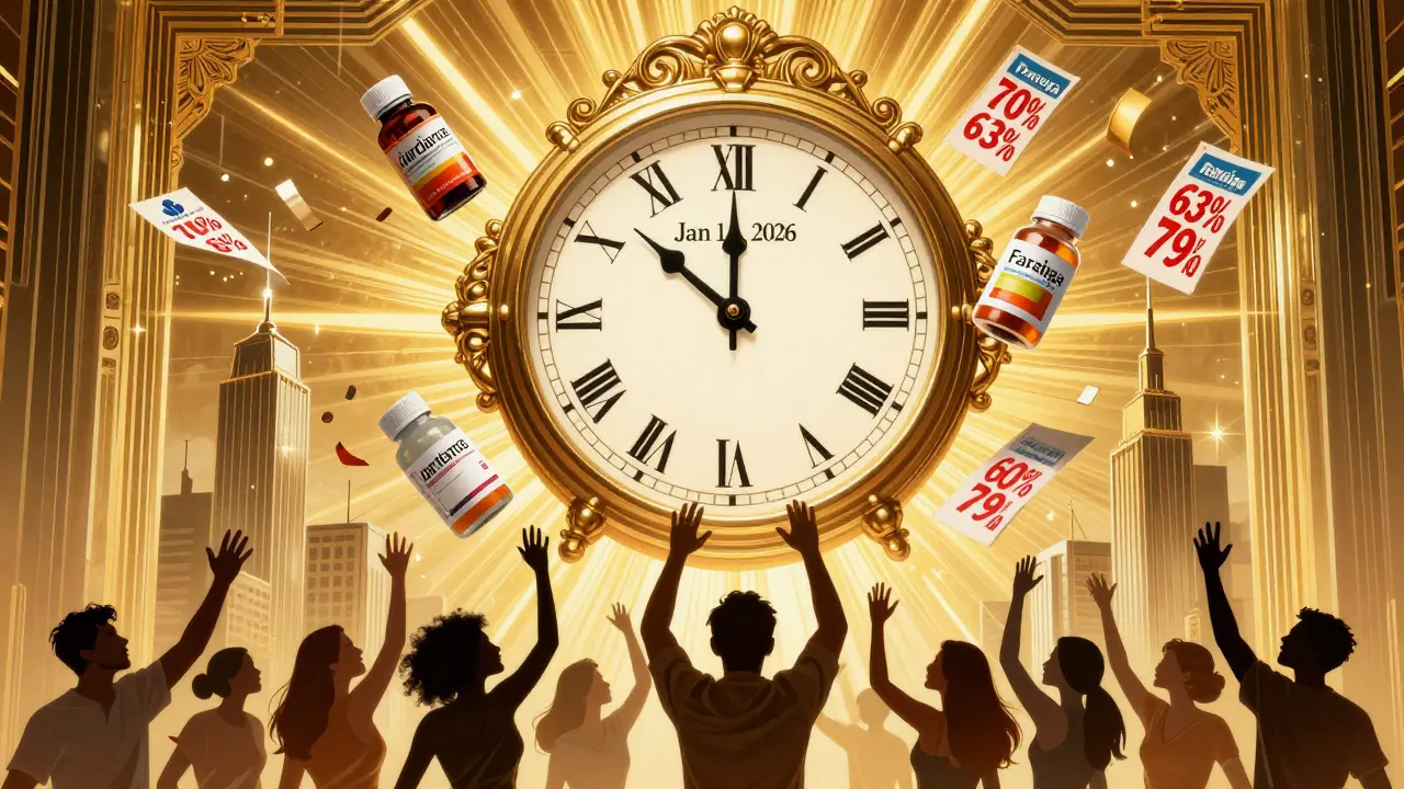 Clock at midnight with falling drug price tags and golden rays, symbolizing the 2026 Medicare price cuts taking effect.