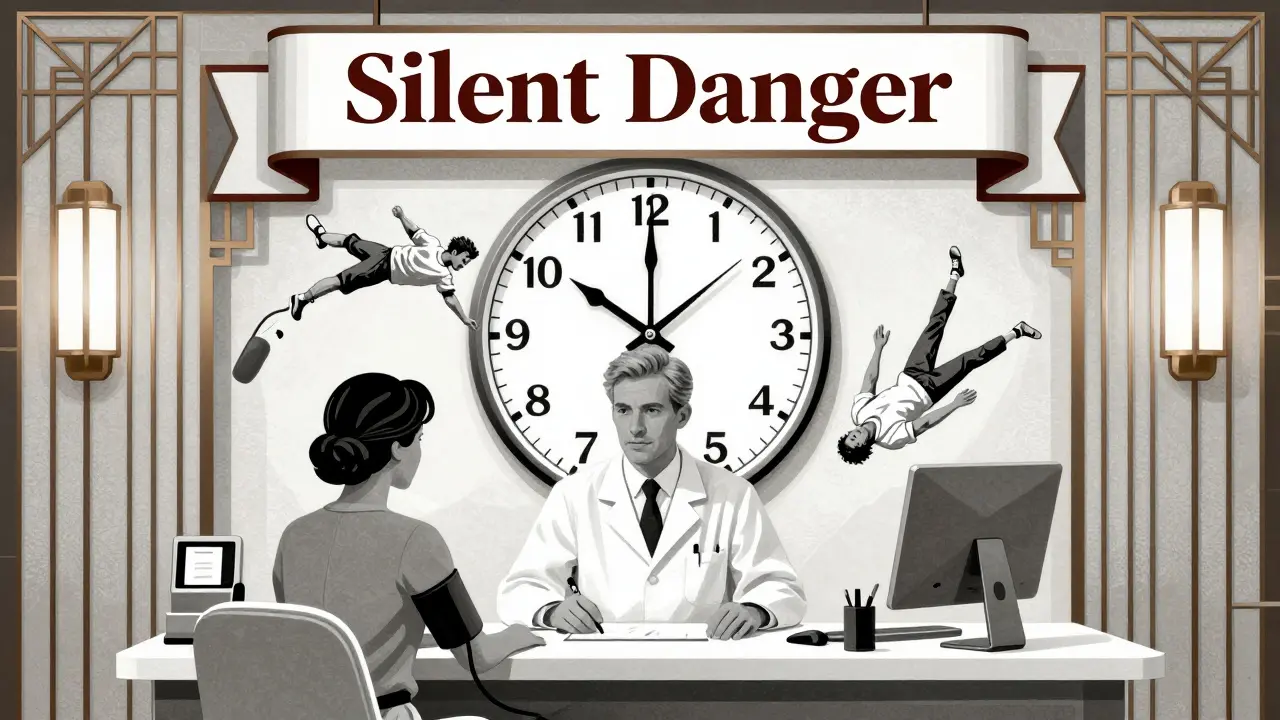 Doctor and patient reviewing blood pressure readings with a symbolic clock and falling figures in Art Deco clinic setting.