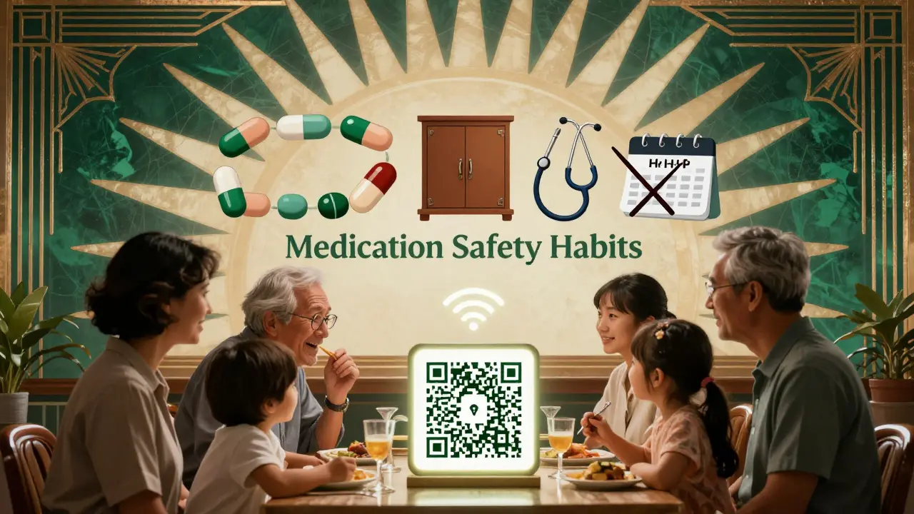 Family gathered around an elderly person with a glowing QR code and weekly medication symbols.