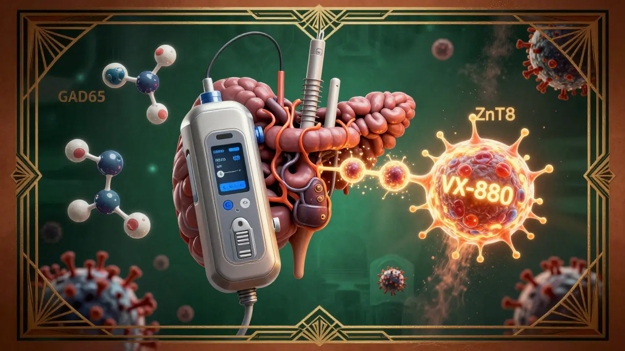 Futuristic insulin pump merging with a regenerating beta cell in ornate Art Deco design