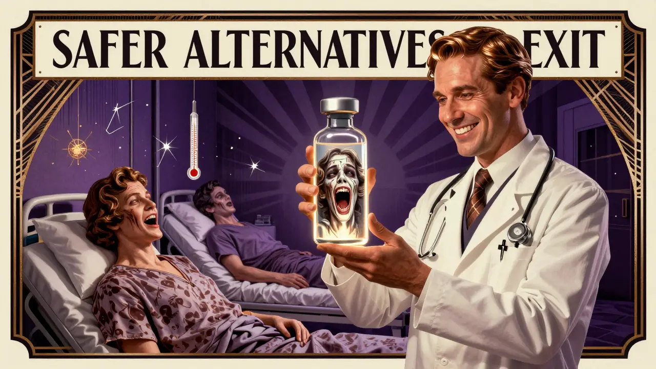 Glamorous medical ad turns sinister: glowing vial reflects a screaming face, patients frozen in hospital beds.