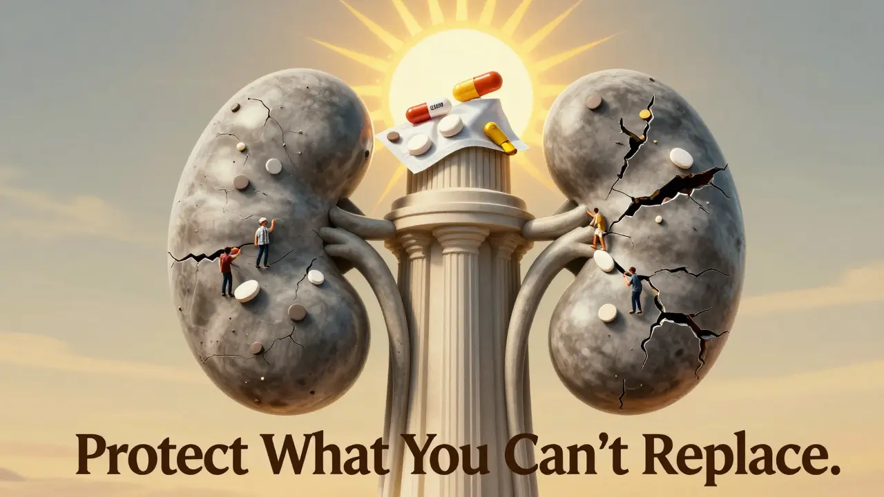 Grand kidney temple with healthy and damaged sides, pills entering cracks, golden light above