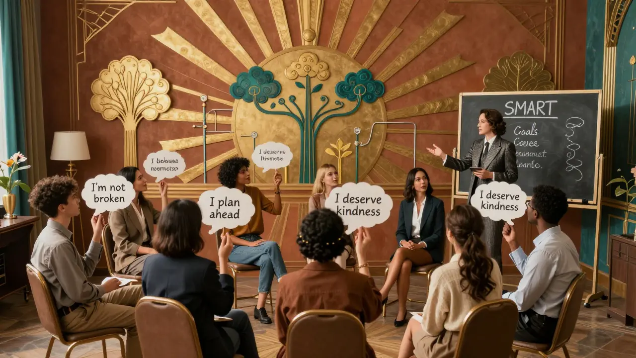 Group of people in a circular room with thought bubbles and SMART goals under a sunburst
