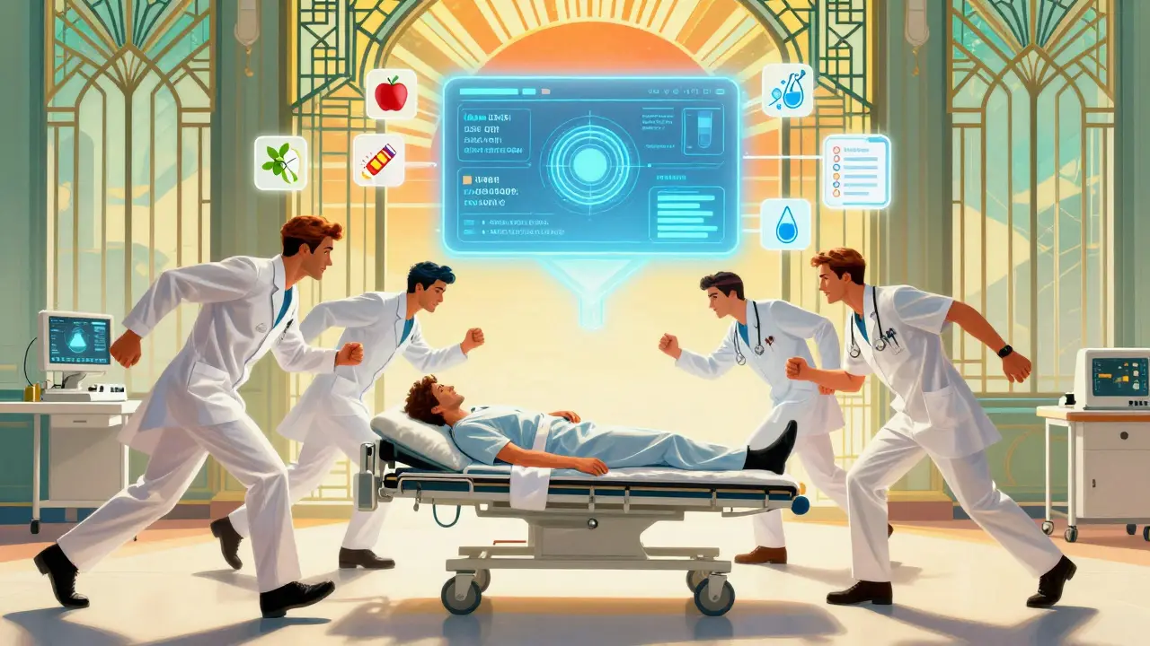 Medical staff rushing to a patient as a glowing AI interface displays drug interaction alerts in Art Deco style.