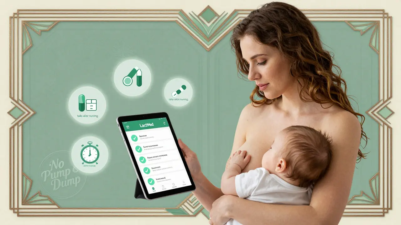 Mom using a tablet showing LactMed app while safe antibiotics glow around her.