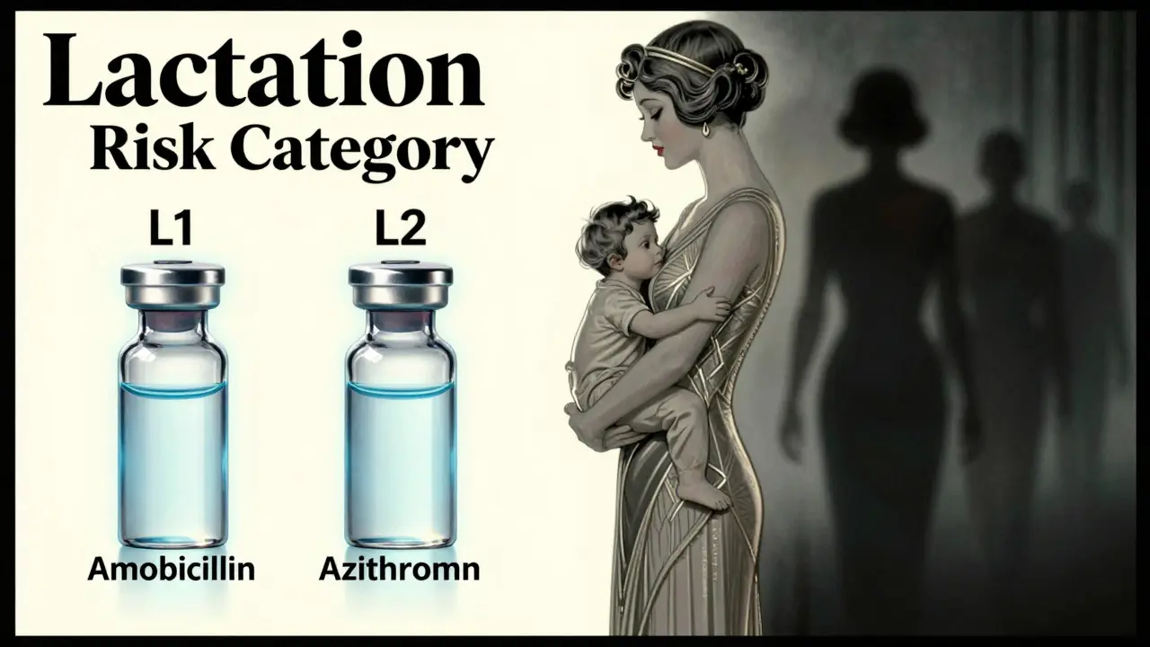 Mother and child beside a glowing Lactation Risk Category chart with safe antibiotics.