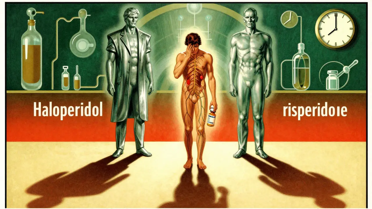 Patient caught between towering antipsychotic figures, shadows forming a skull, transparent body revealing blocked nerves.