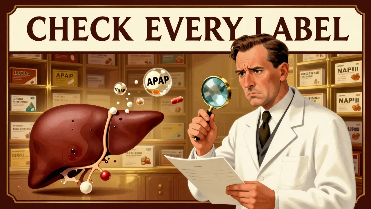 Pharmacist using a magnifying glass over pills that turn into toxic molecules attacking a liver, surrounded by medication boxes.