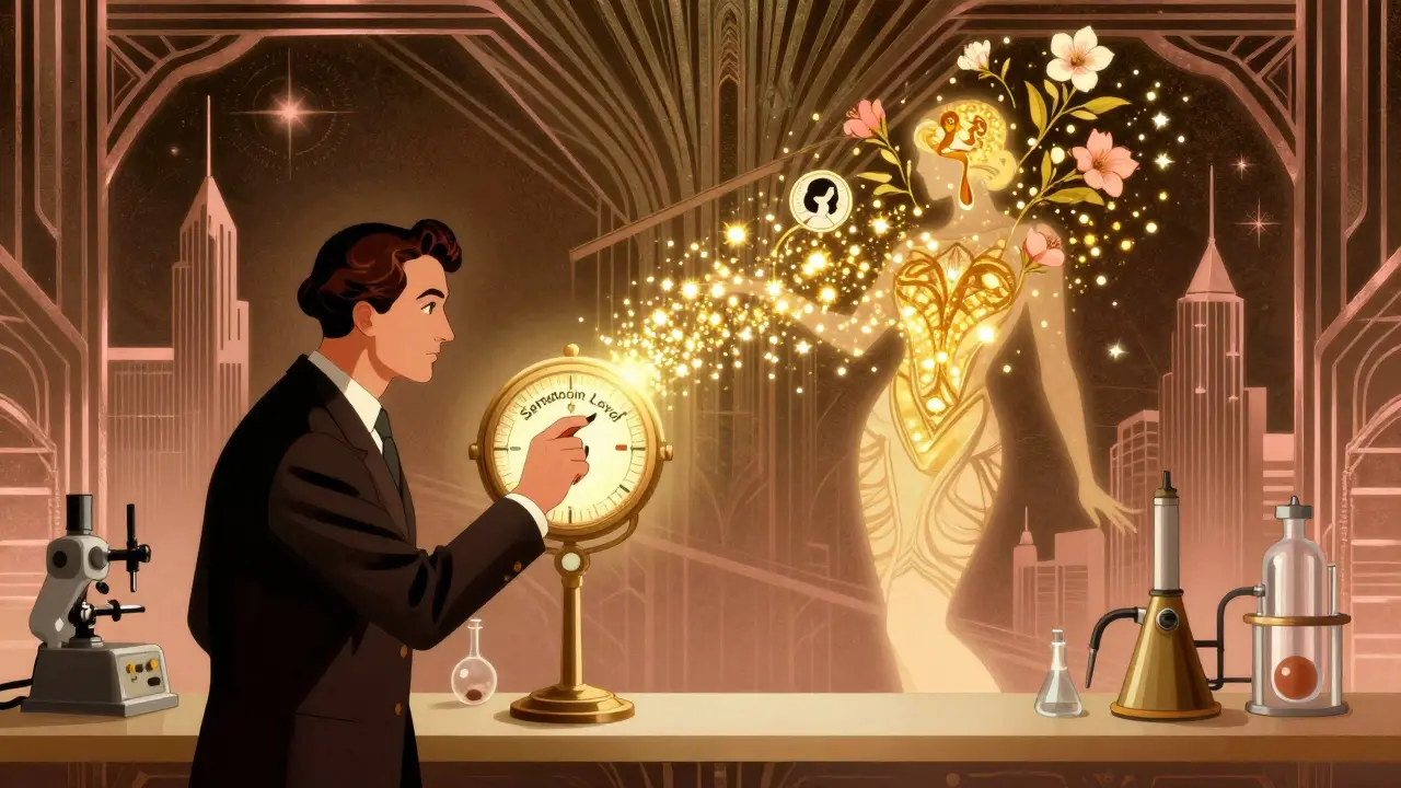 Scientist adjusting a luminous serotonin dial, golden pleasure icons rising around a human silhouette in Art Deco lab setting.