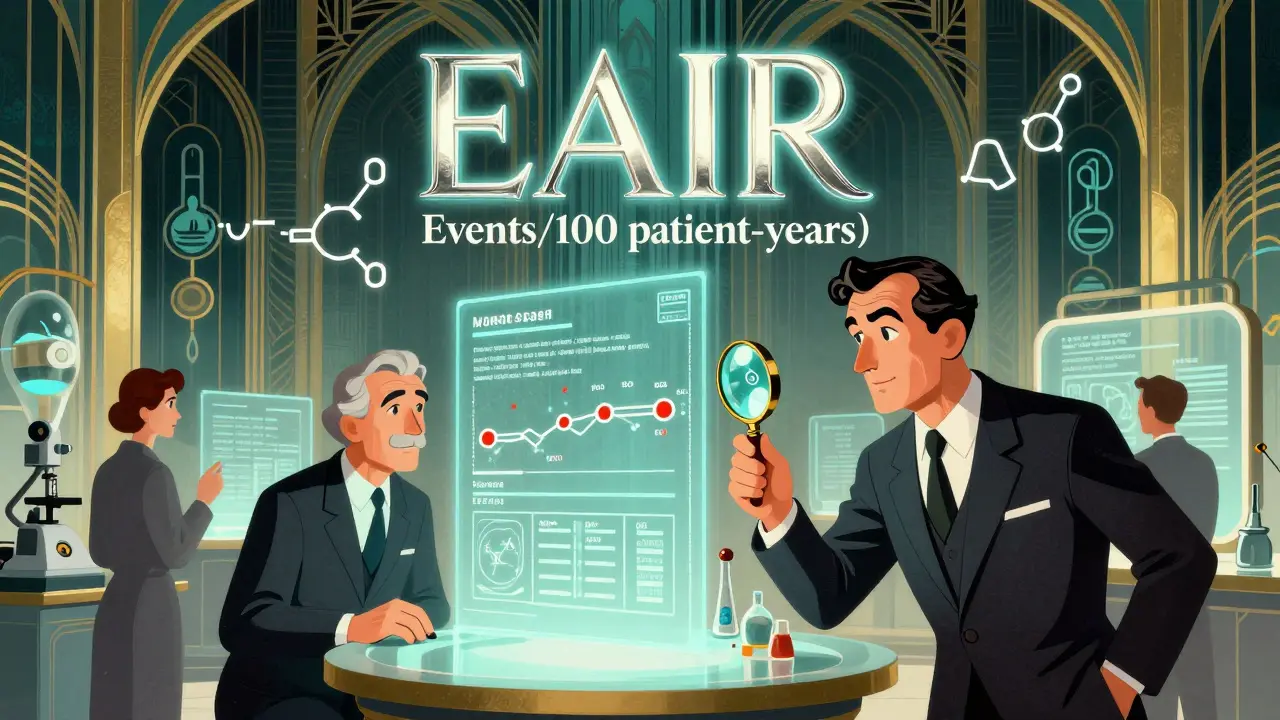 Scientists analyzing patient-year timelines with floating EAIR formula in Art Deco lab.