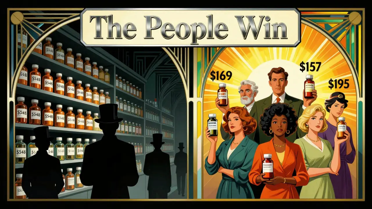 Split illustration contrasting high drug prices with affordable Medicare-negotiated prices in stylized Art Deco fashion.