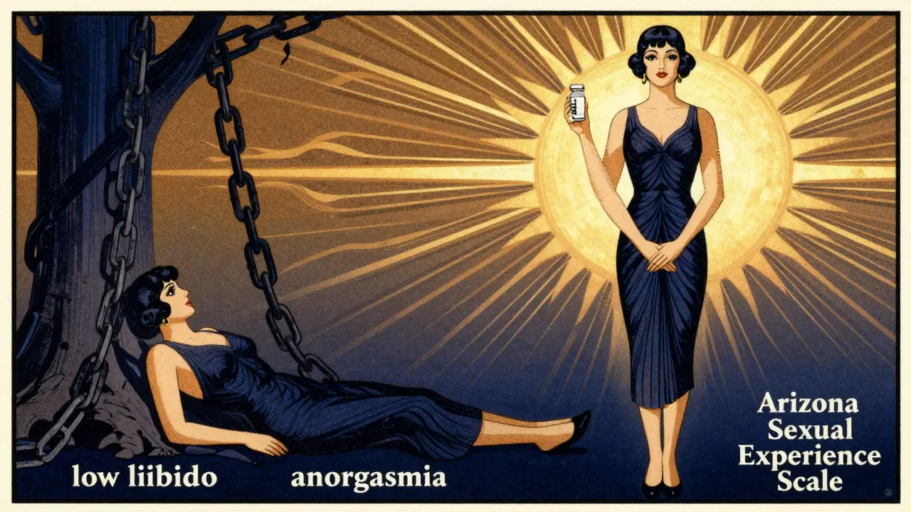 Split illustration: person freed from sexual dysfunction chains, holding bupropion and interlocked hands, symbolizing recovery and connection.