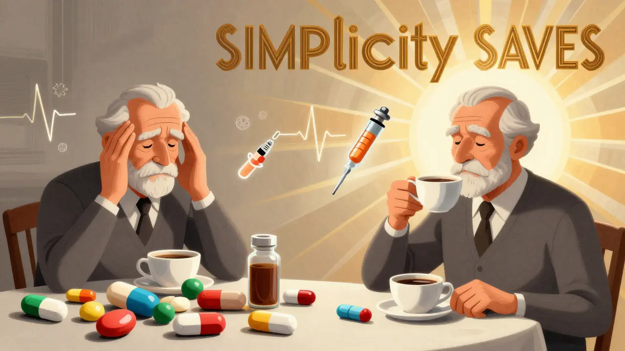 Split image: chaotic pile of pills vs. two simple pills, symbolizing reduced pill burden in Art Deco style.