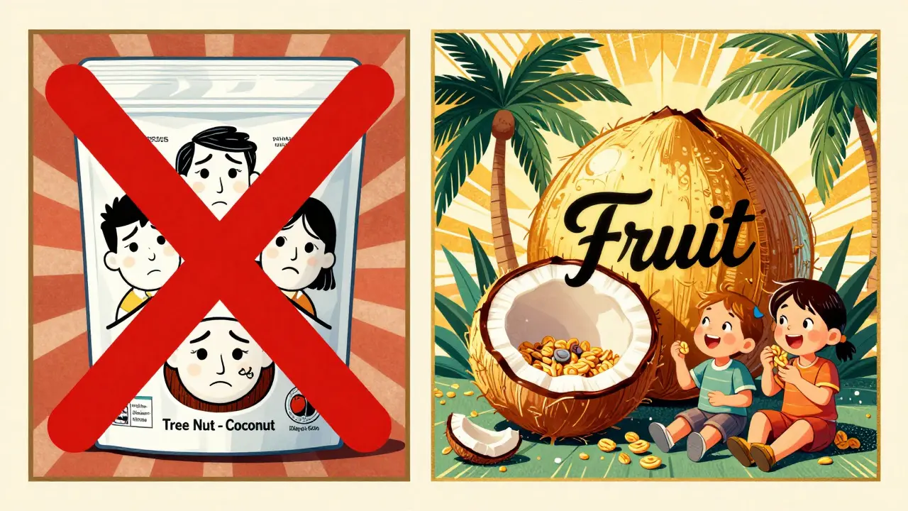 Split image: crossed-out coconut as tree nut vs. golden coconut labeled as fruit, children enjoying it happily.