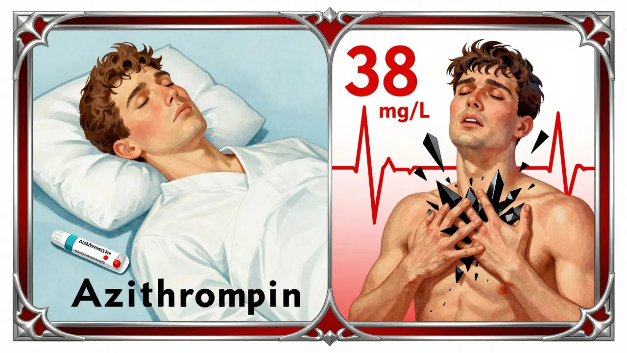 Split-panel Art Deco ad contrasting safe and toxic drug combinations with geometric danger symbols and rising blood levels.