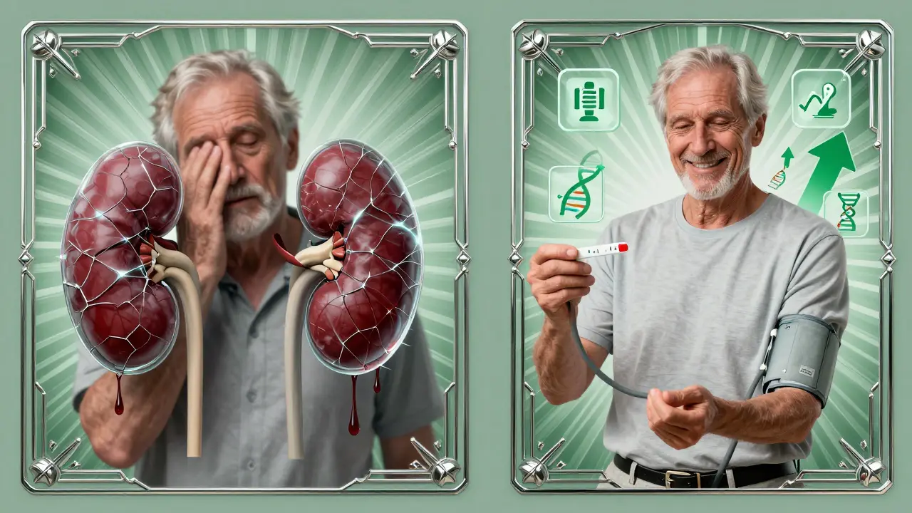 Split scene: failing kidneys vs. healthy lifestyle with AI and DNA symbols in Art Deco style.