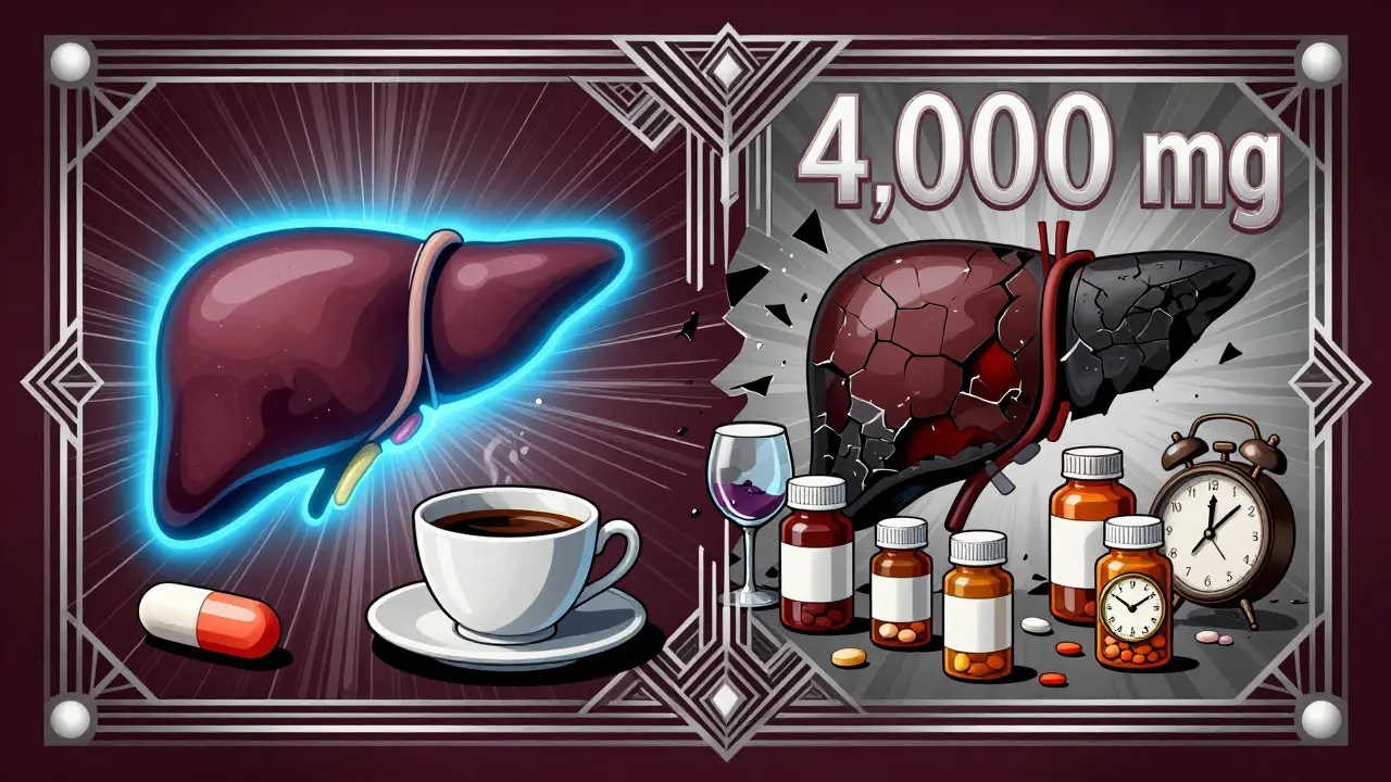 Split-screen Art Deco ad contrasting a healthy liver with a toxic, cracked liver surrounded by pills and alcohol.