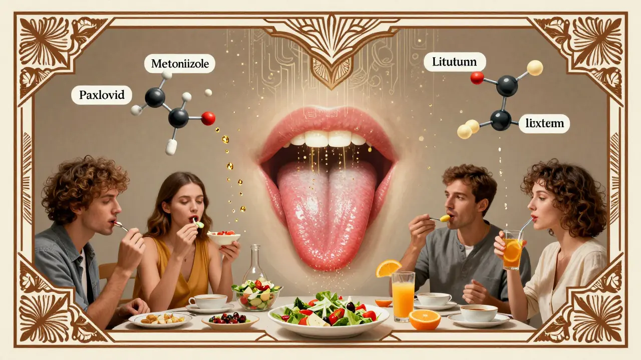 Stylized tongue with drug molecules and zinc crystals falling, surrounded by people eating healthy foods in geometric frame.