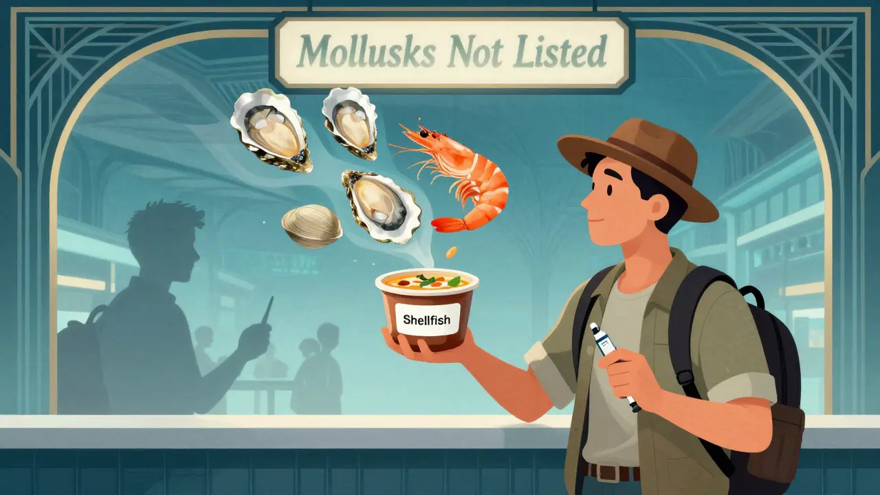 Traveler holding seafood soup with invisible mollusks floating above, warning label faded, clutching epinephrine injector.