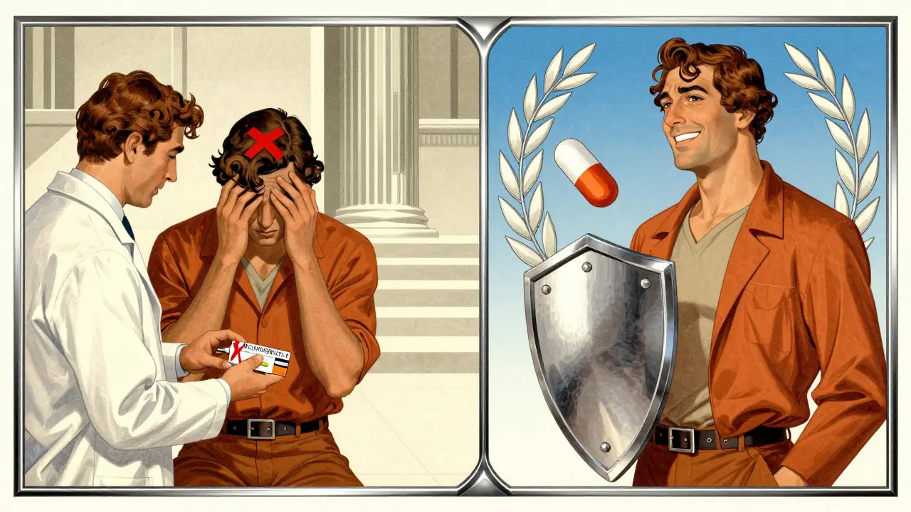 Two contrasting scenes: dangerous drug combo vs. safe azithromycin alternative.