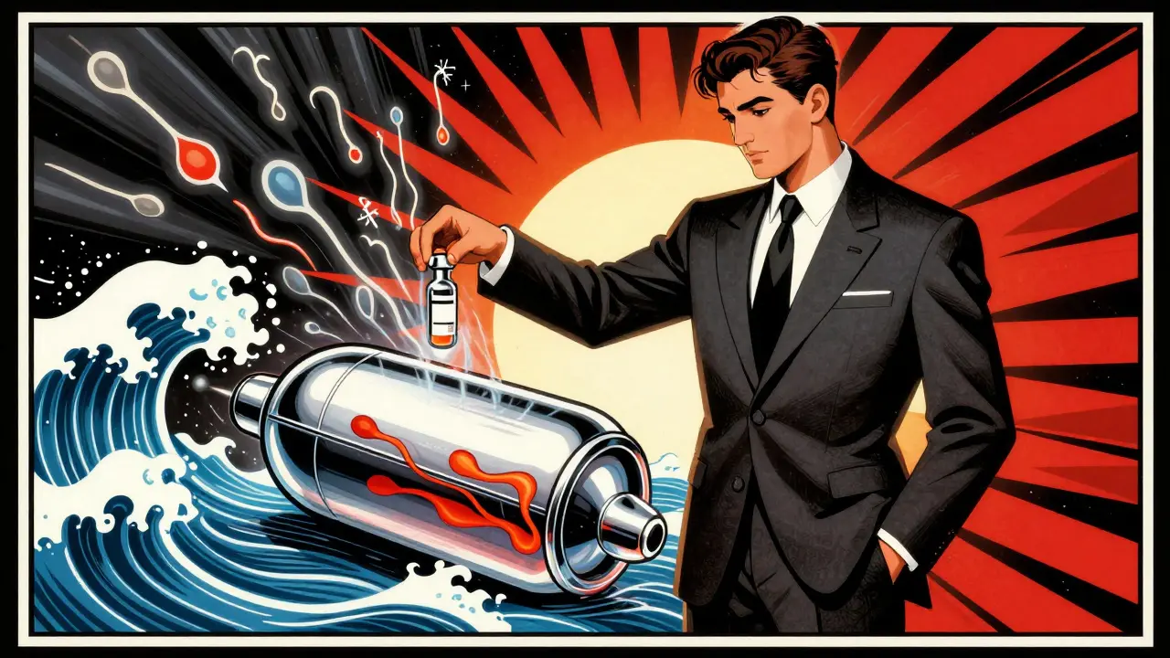 Young man placing sperm sample into a chrome cryogenic capsule, shielded from abstract chemo symbols.