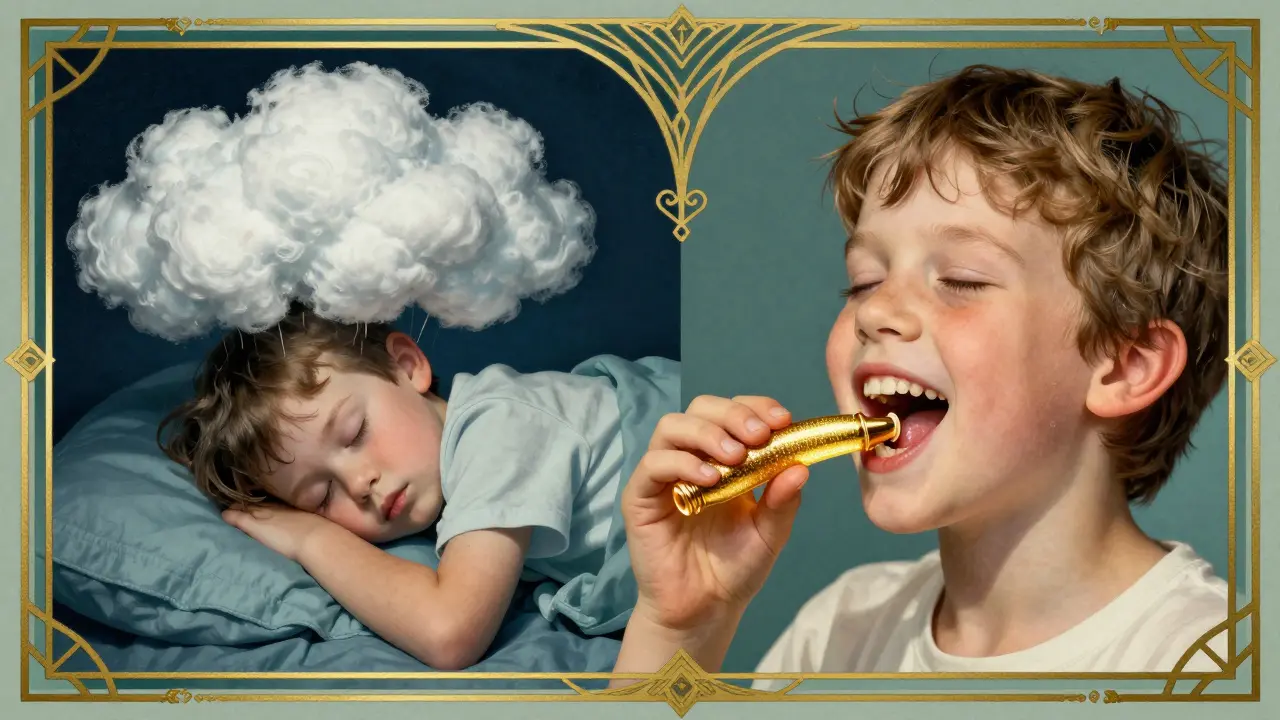 A child chewing gum during descent, with a golden jaw motion opening the Eustachian tube to relieve pressure.