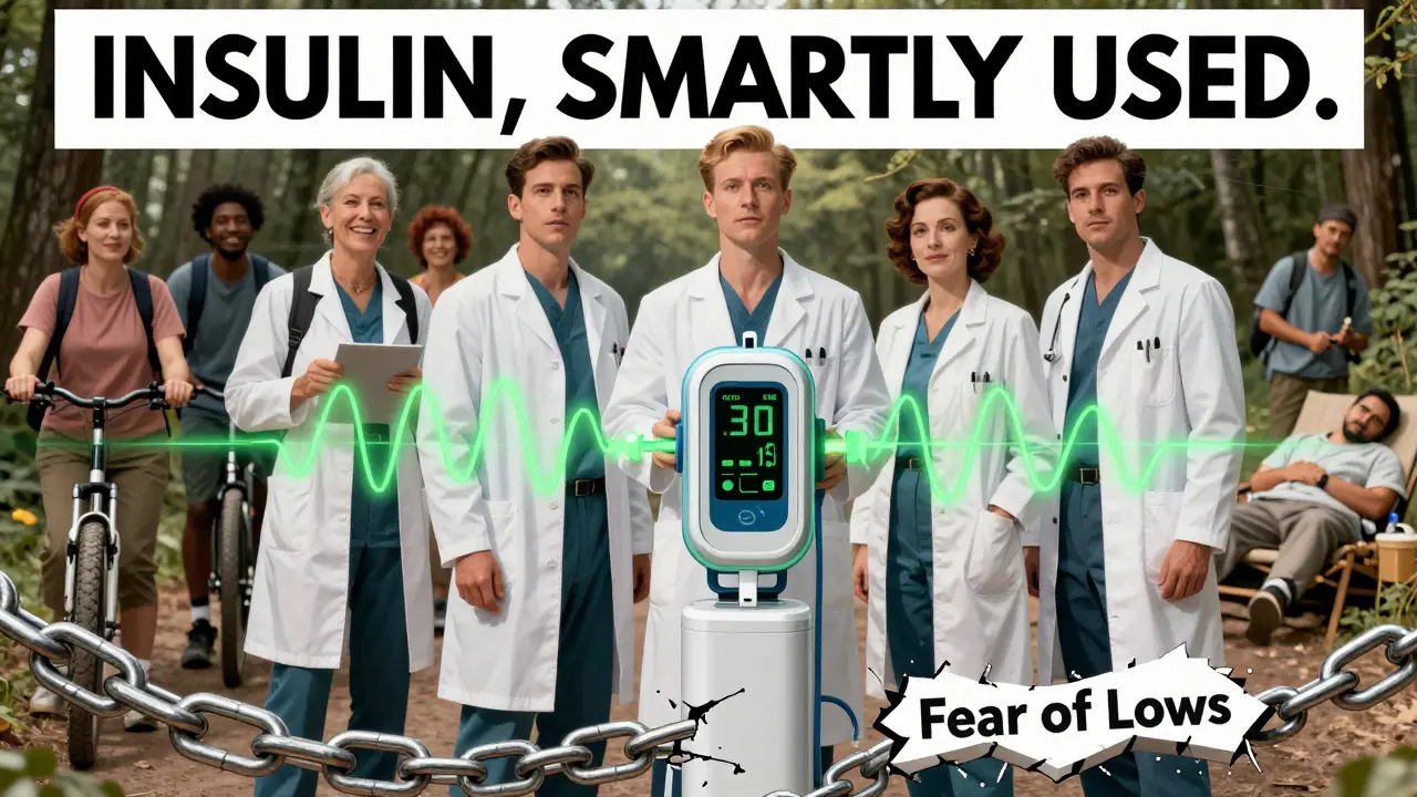 A medical team stands beside a closed-loop insulin system as people live freely, with a broken chain labeled 'Fear of Lows' at their feet.