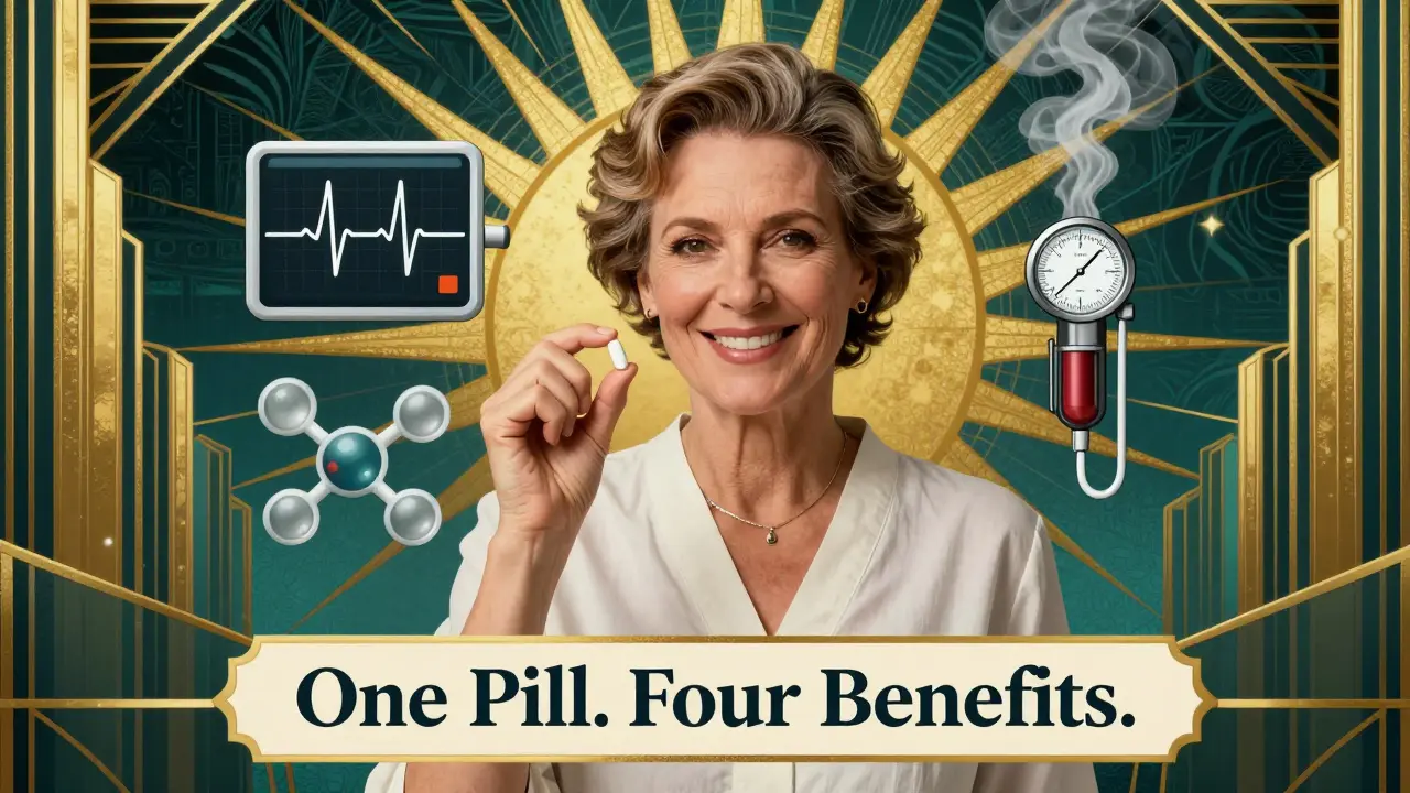 A patient smiles holding one pill as heart health icons dissolve around them in Art Deco advertising style.