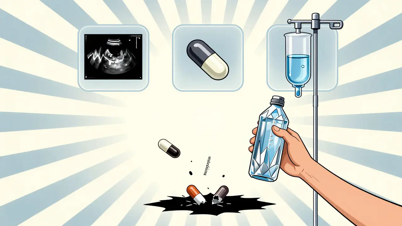 A patient with a water fountain bottle, safe medical icons floating above, while harmful pills fall into darkness.