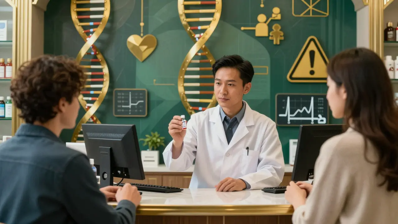 A pharmacist handing a genetic test vial as a mural of DNA and dosage charts unfolds behind them.