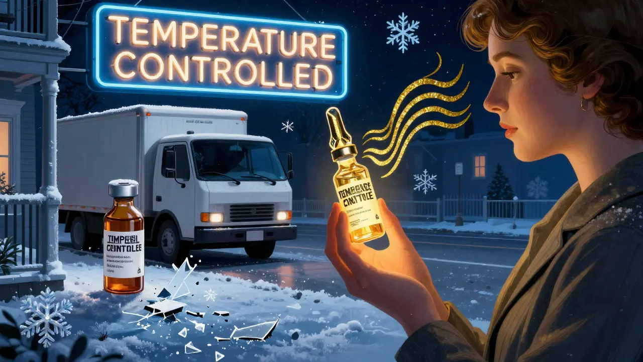 A pharmacist hands a patient insulin under a neon sign, while a frozen vial lies ruined on a cold porch.