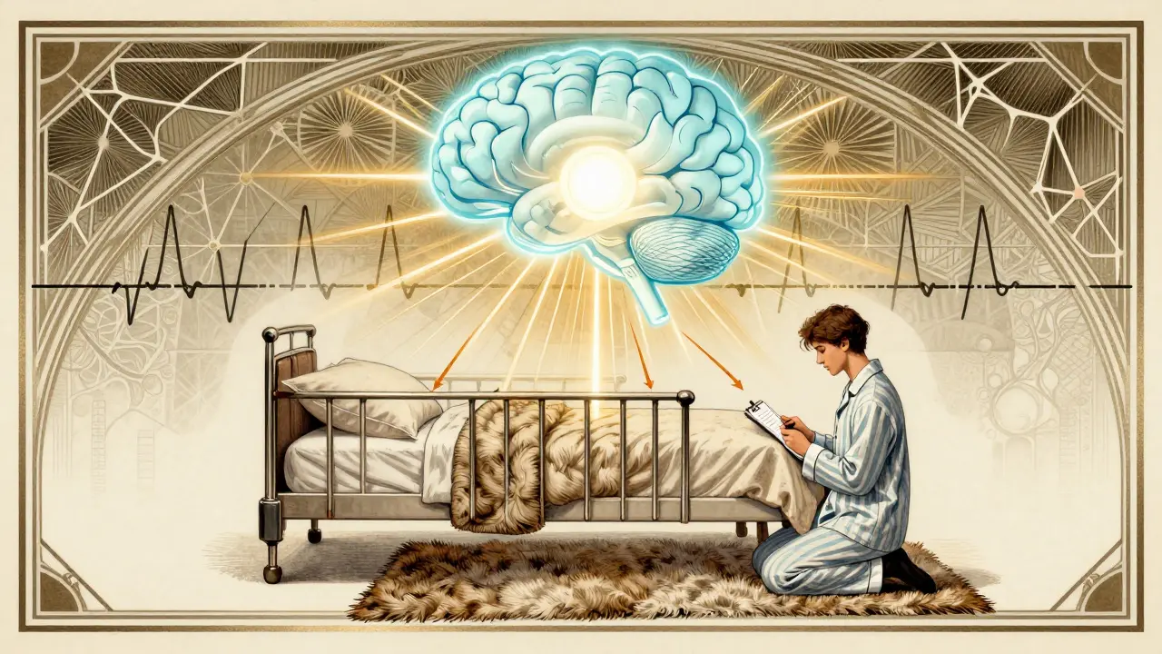 A stylized brain emitting melatonin and clonazepam rays, with a safe bedroom scene and sleep cycle patterns in background.