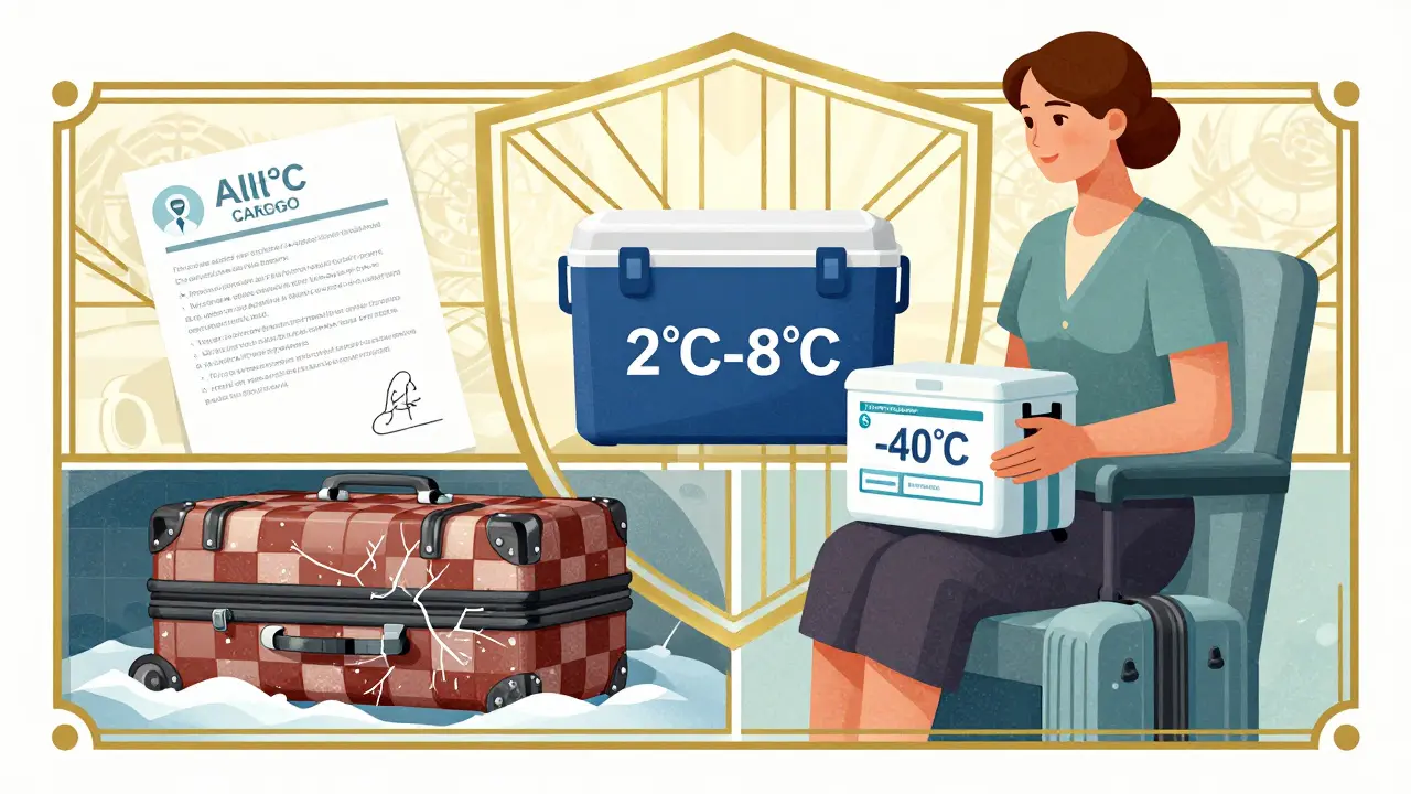 A traveler keeps insulin safe on a plane while checked luggage freezes below, illustrated in geometric Art Deco style.