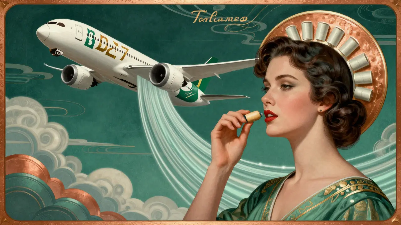 A woman using EarPlanes earplugs as ceramic filters slow pressure changes during airplane descent.