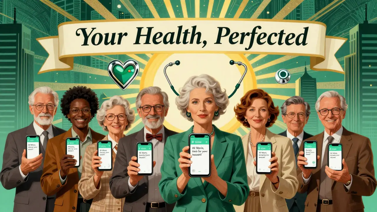 Diverse group receiving personalized text reminders with health symbols above