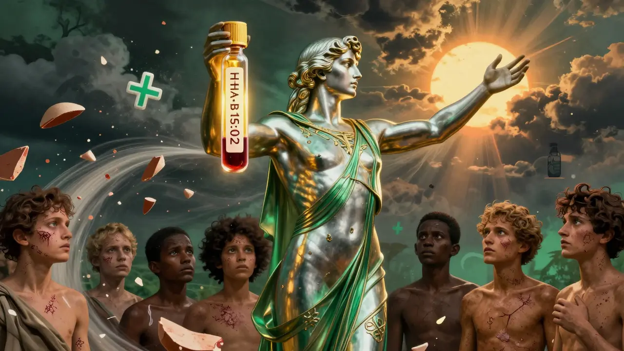 Heroic figure holding a glowing gene test vial, surrounded by skin fragments and sunrise, in Art Deco style.