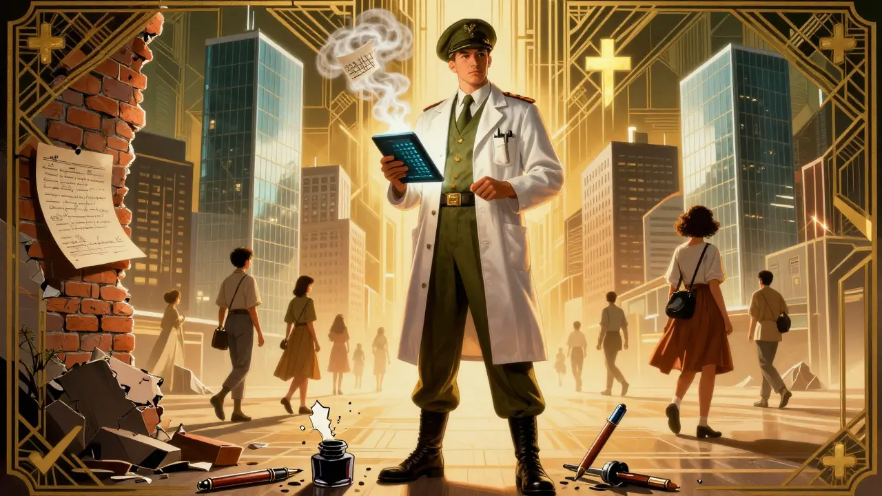 Heroic pharmacist holding a digital tablet that destroys chaotic handwritten prescriptions, symbolizing progress in medical safety.