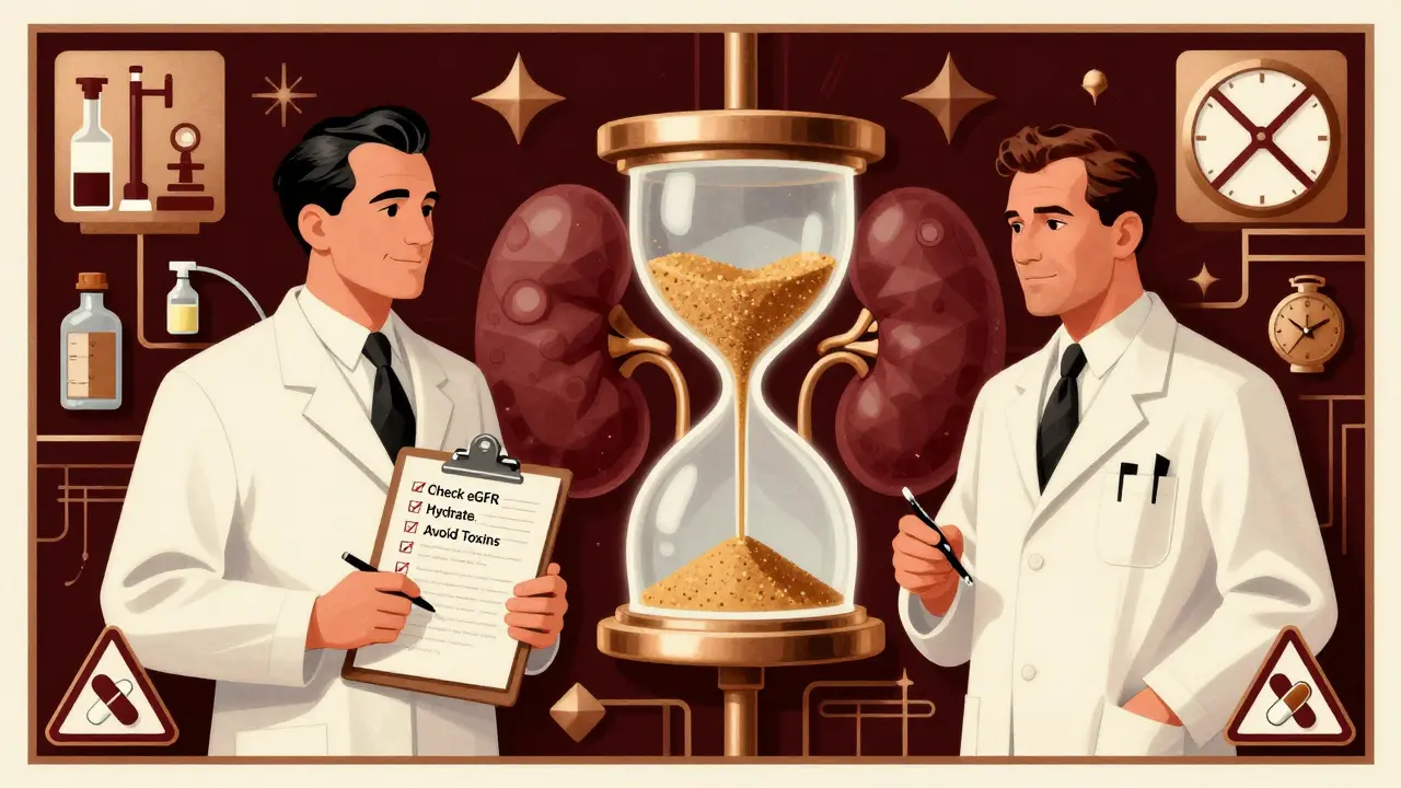Medical team with checklist, kidney hourglass showing safe flow, surrounded by geometric warning symbols.
