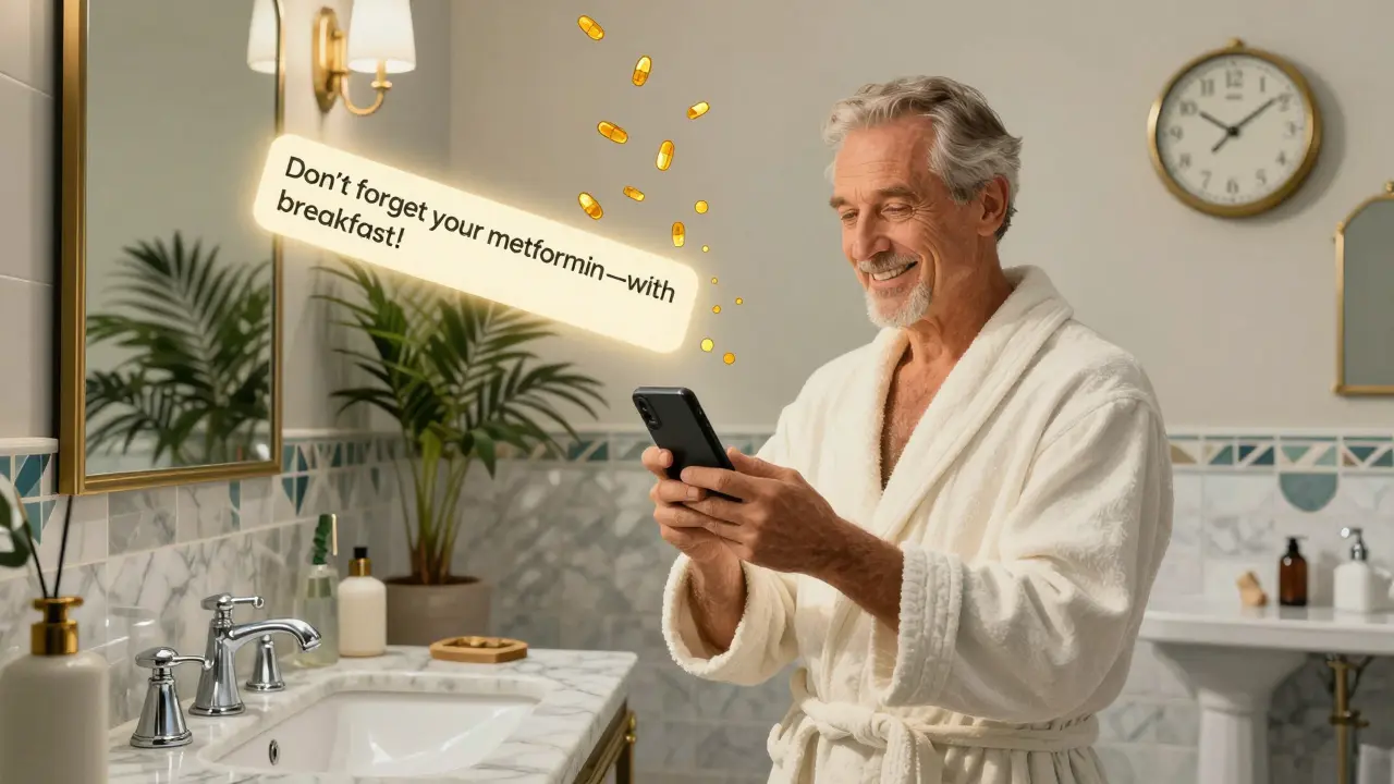 Older man smiling at text reminder for medication in elegant bathroom setting