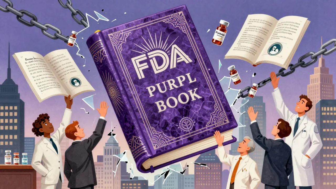Ornate Purple Book floating above a city, revealing approved biosimilars on its pages, with patent chains breaking apart.
