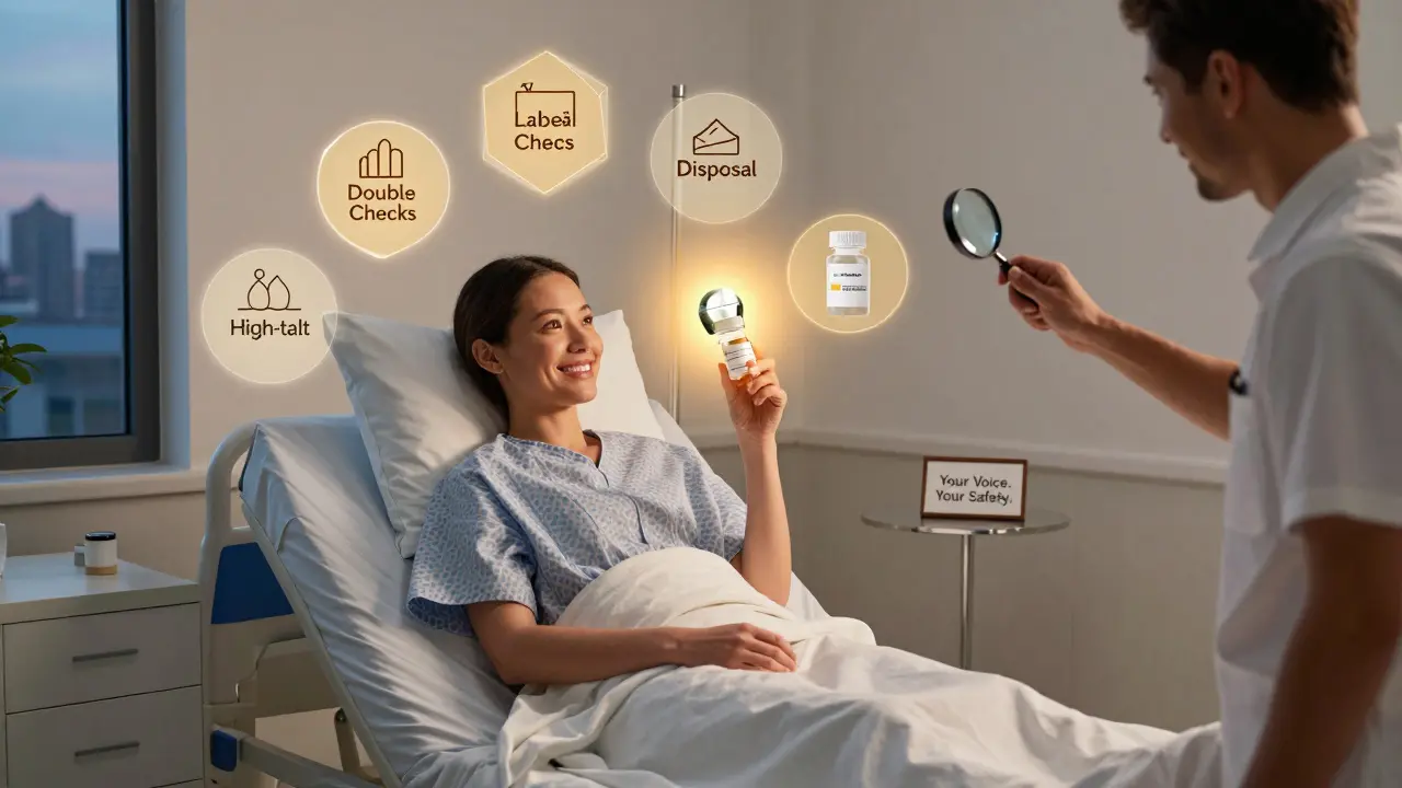 Patient and family inspecting a labeled pill bottle with geometric safety icons floating around them in Art Deco aesthetic.