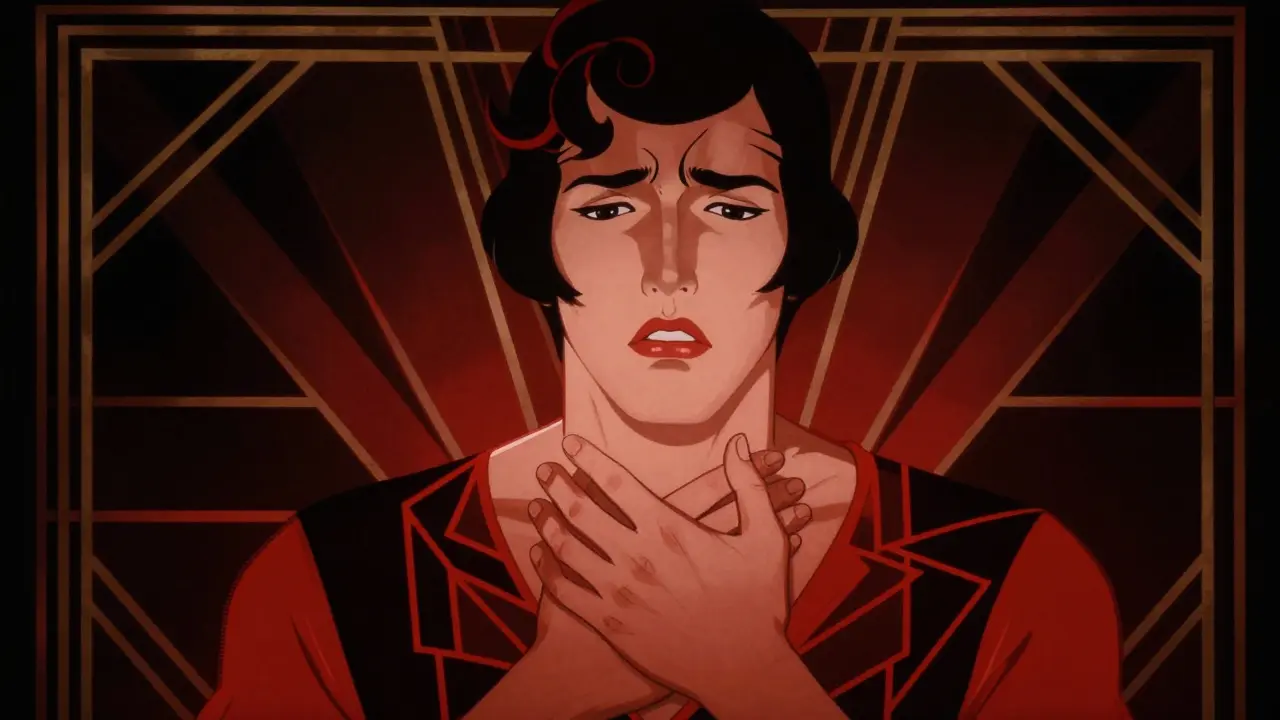 Person clutching throat showing breathing difficulty from antibiotics.