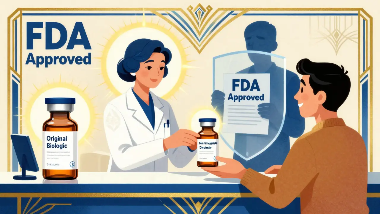 Pharmacy counter with interchangeable biosimilar being handed to a patient, shielded from patent barriers by FDA approval.