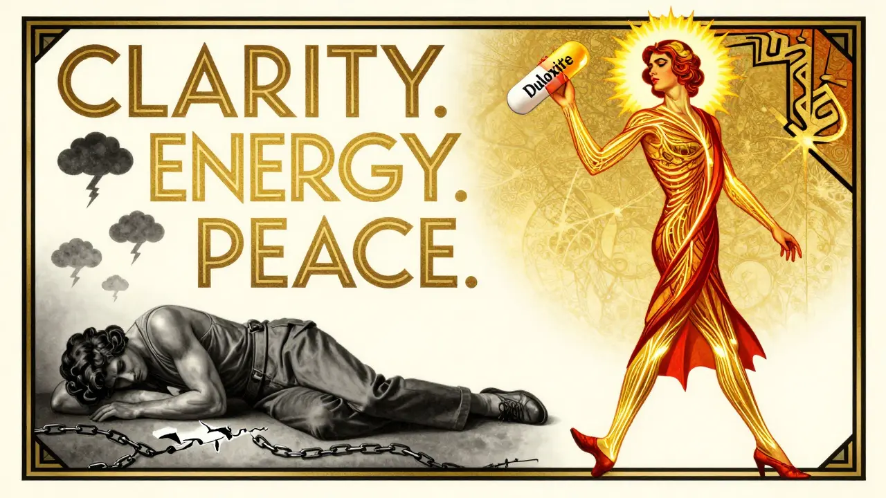 Split-image ad: left side shows a slumped person in pain, right side shows them energized with glowing nerves and a pill halo.